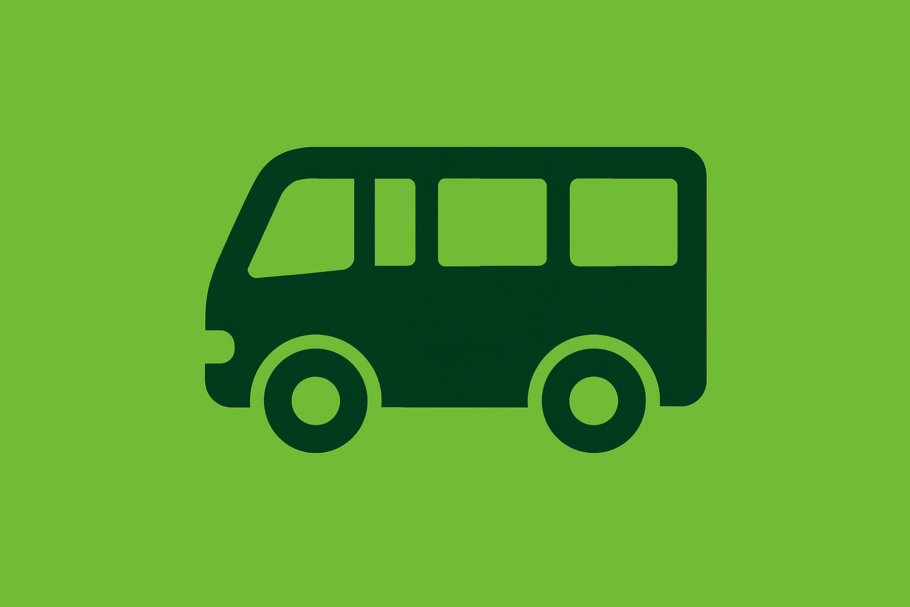 Ein einfaches dunkelgrünes Symbol eines Busses mit Fenstern und zwei Rädern auf einem hellgrünen Hintergrund.